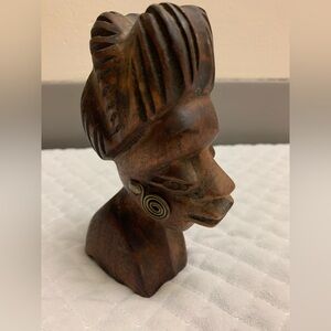 Vintage African Tribal Art Wooden Statue Hand Carved Bust Statue W/Earrings